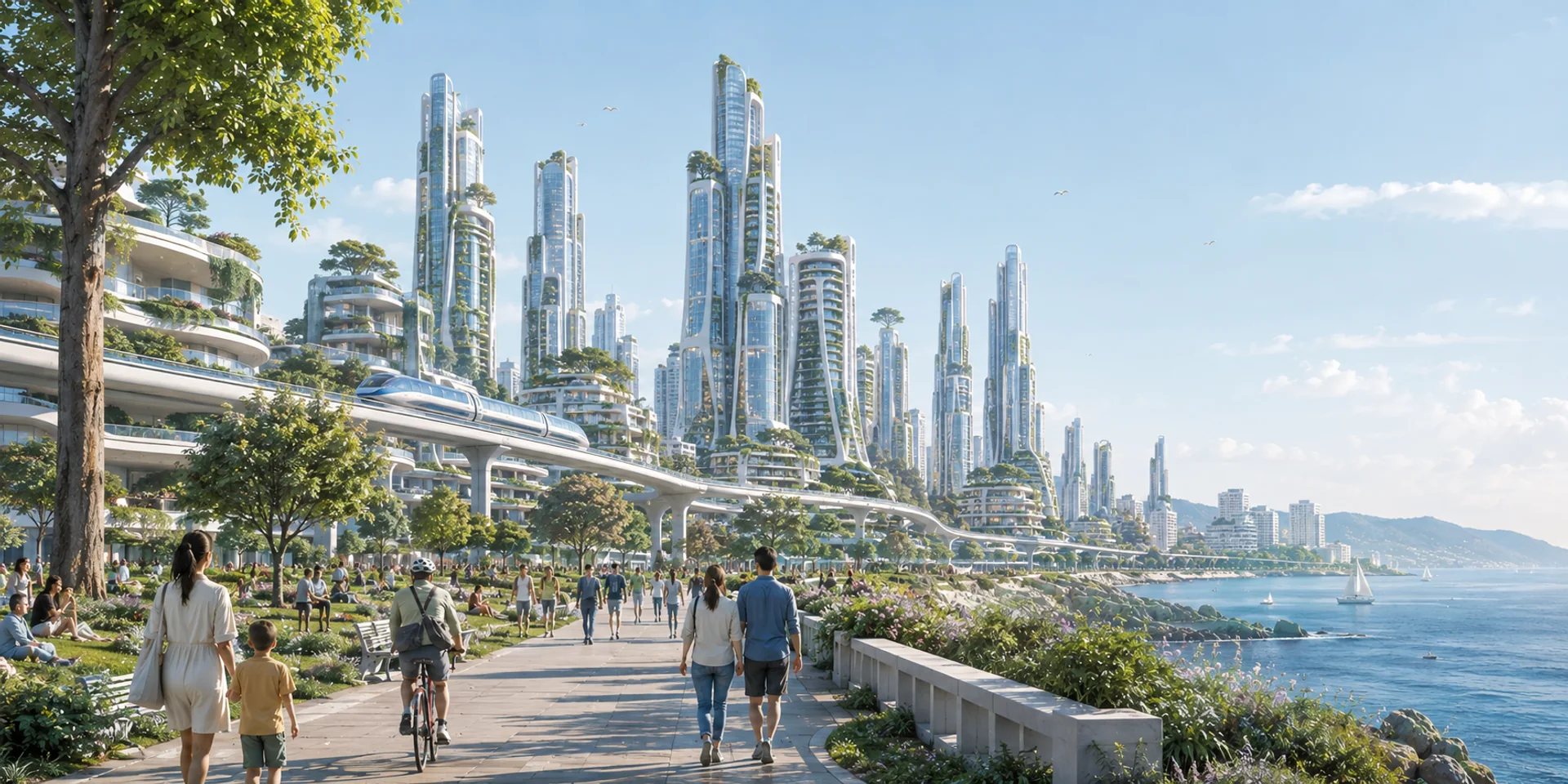 An imagined future of abundance: green skyscrapers, clean public transport and a waterfront park full of life.